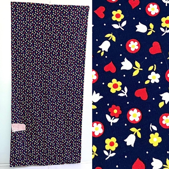 Vintage 60’s mod floral navy blue & red canvas cotton fabric yardage